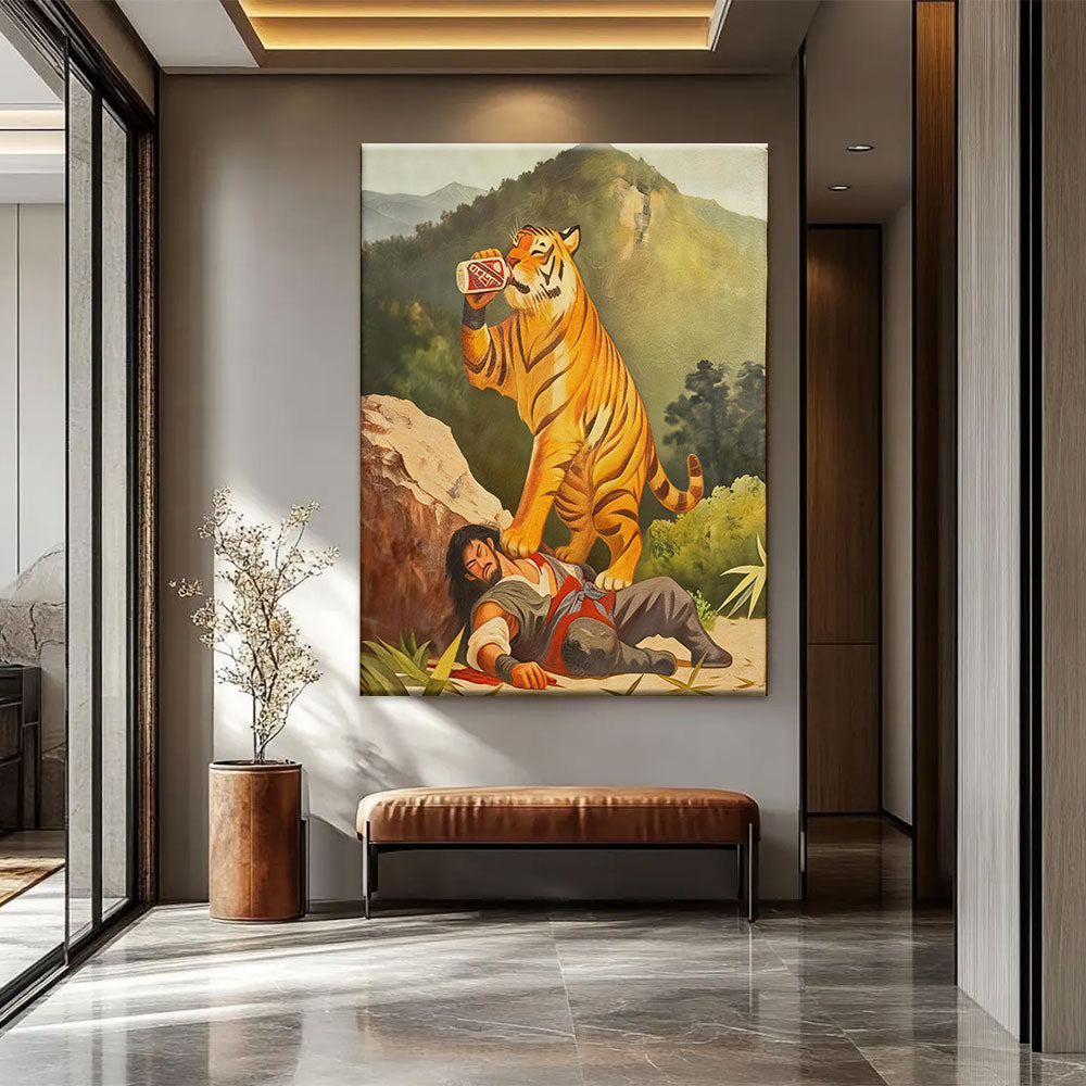 Tiger with a Toast canvas wall art, styled room mockup 1.