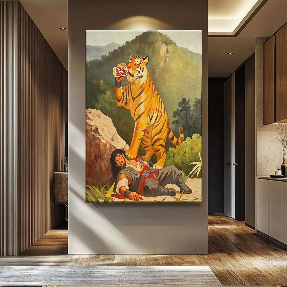 Tiger with a Toast canvas wall art, styled room mockup 2.