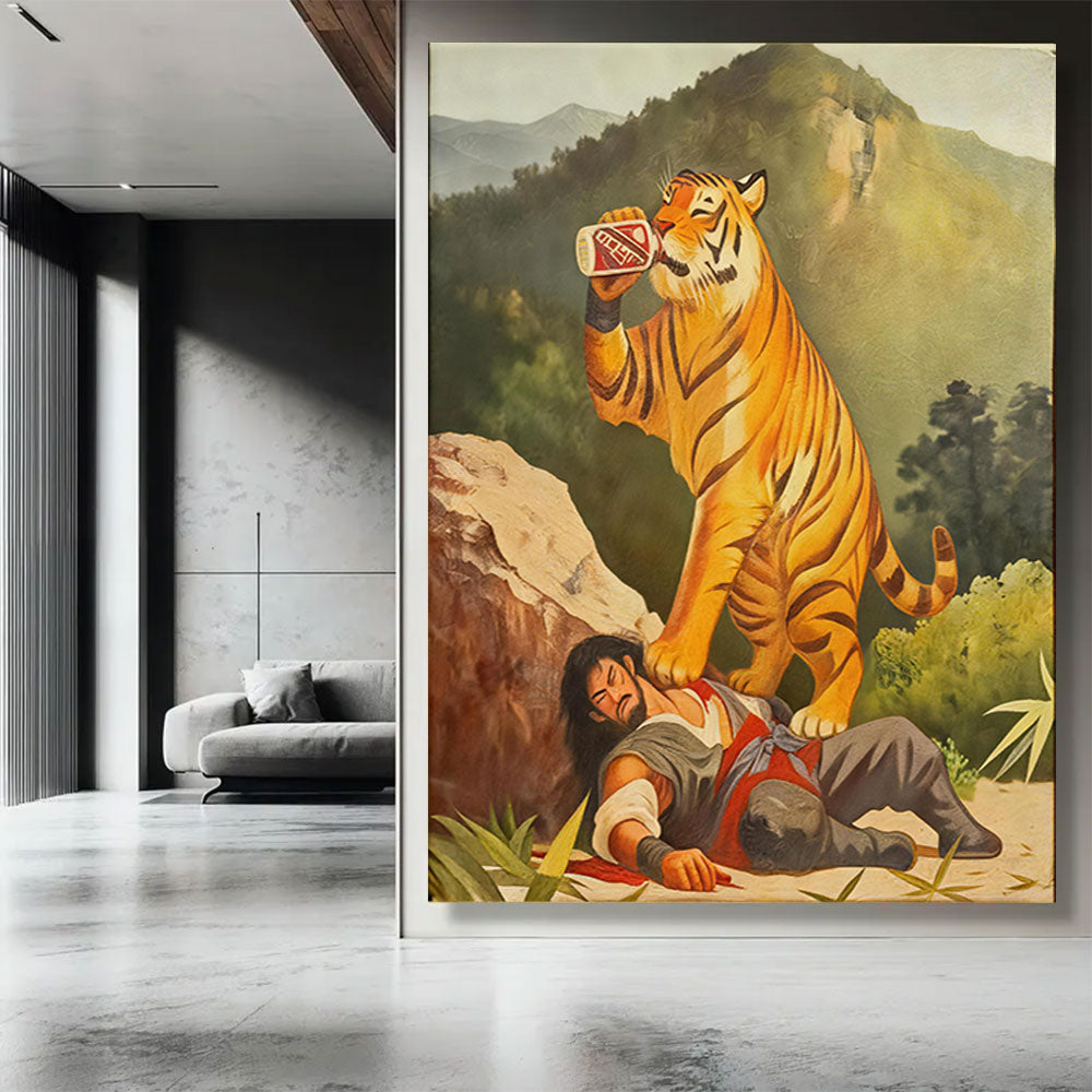 Tiger with a Toast canvas wall art, styled room mockup 4.