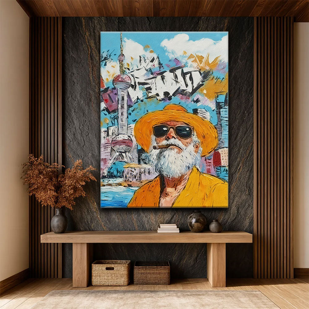 Yellow Hat Urban Portrait canvas wall art, styled room mockup 1.