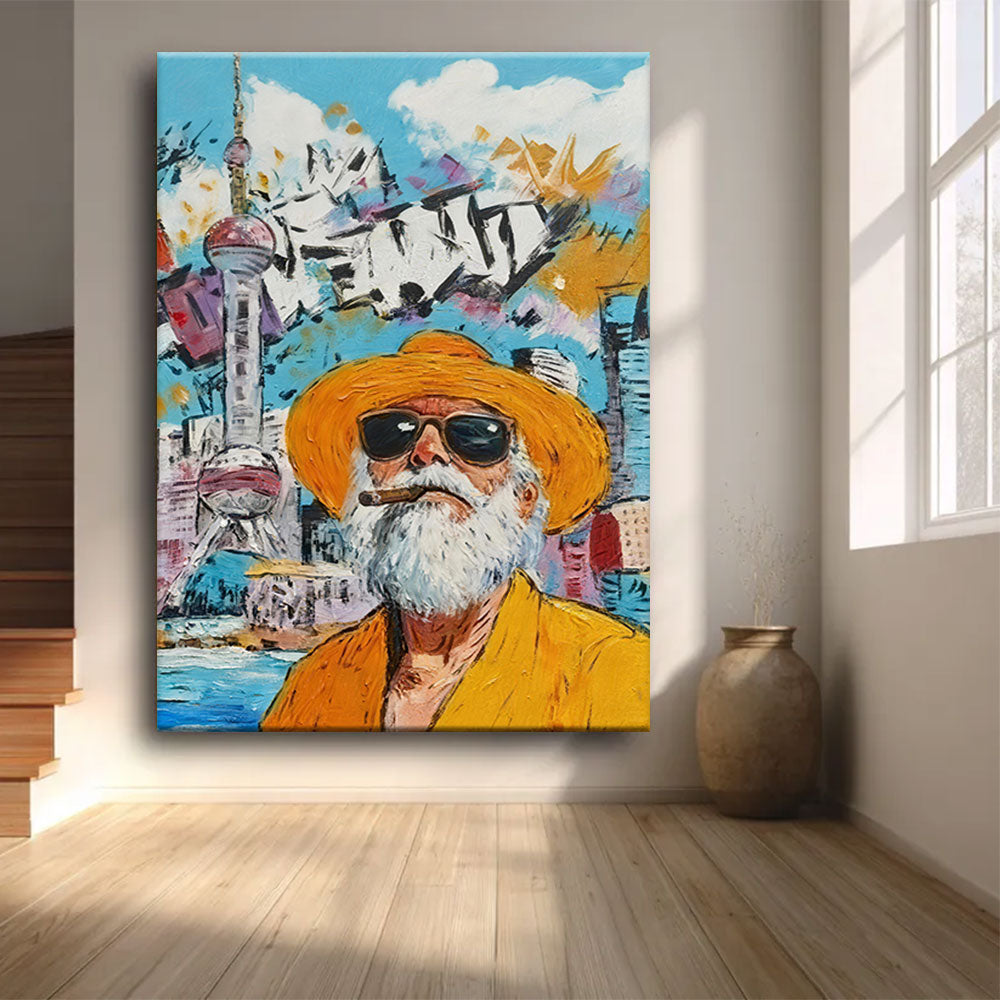 Yellow Hat Urban Portrait canvas wall art, styled room mockup 3.