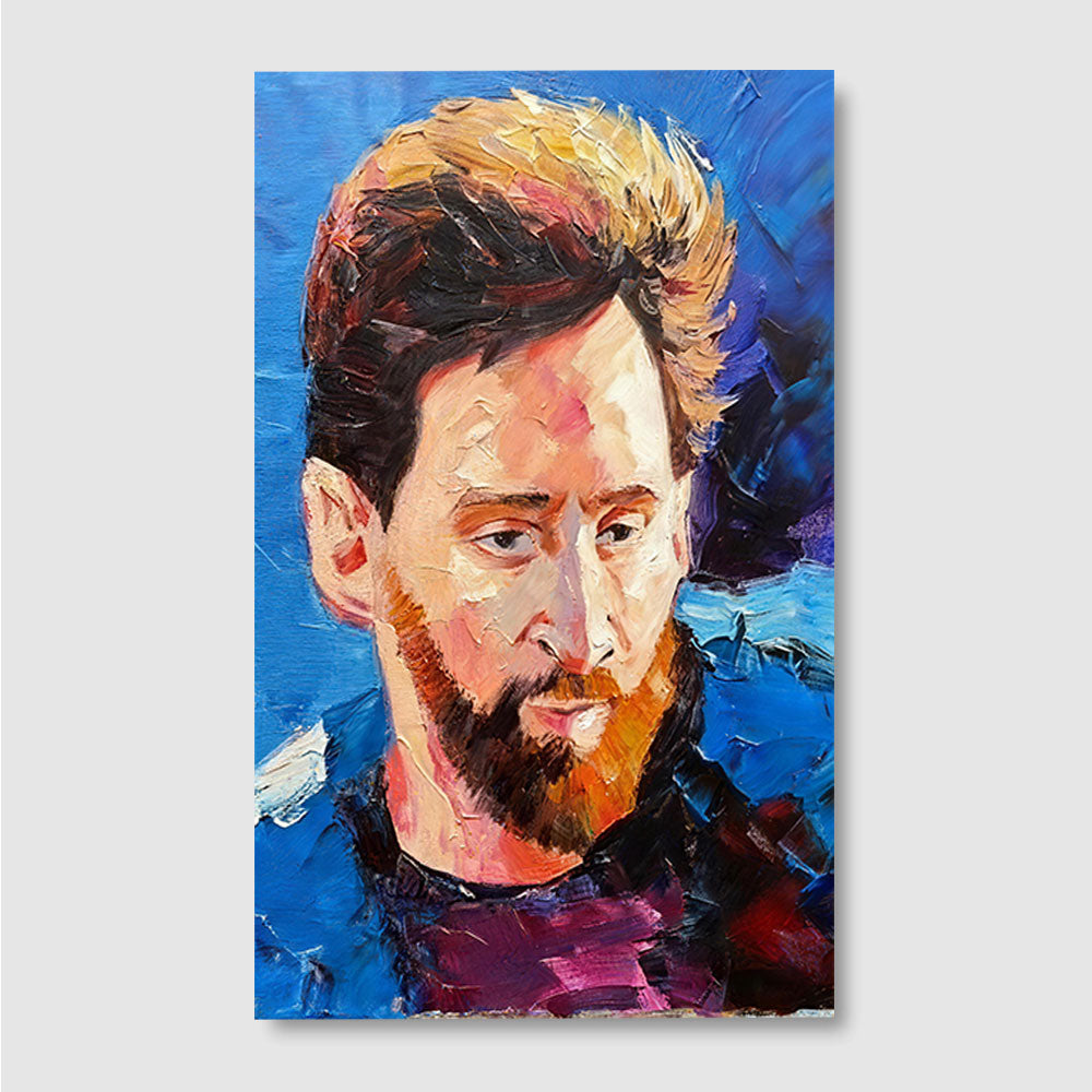 Expressive Portrait on Blue canvas wall art, front product mockup on a light background.