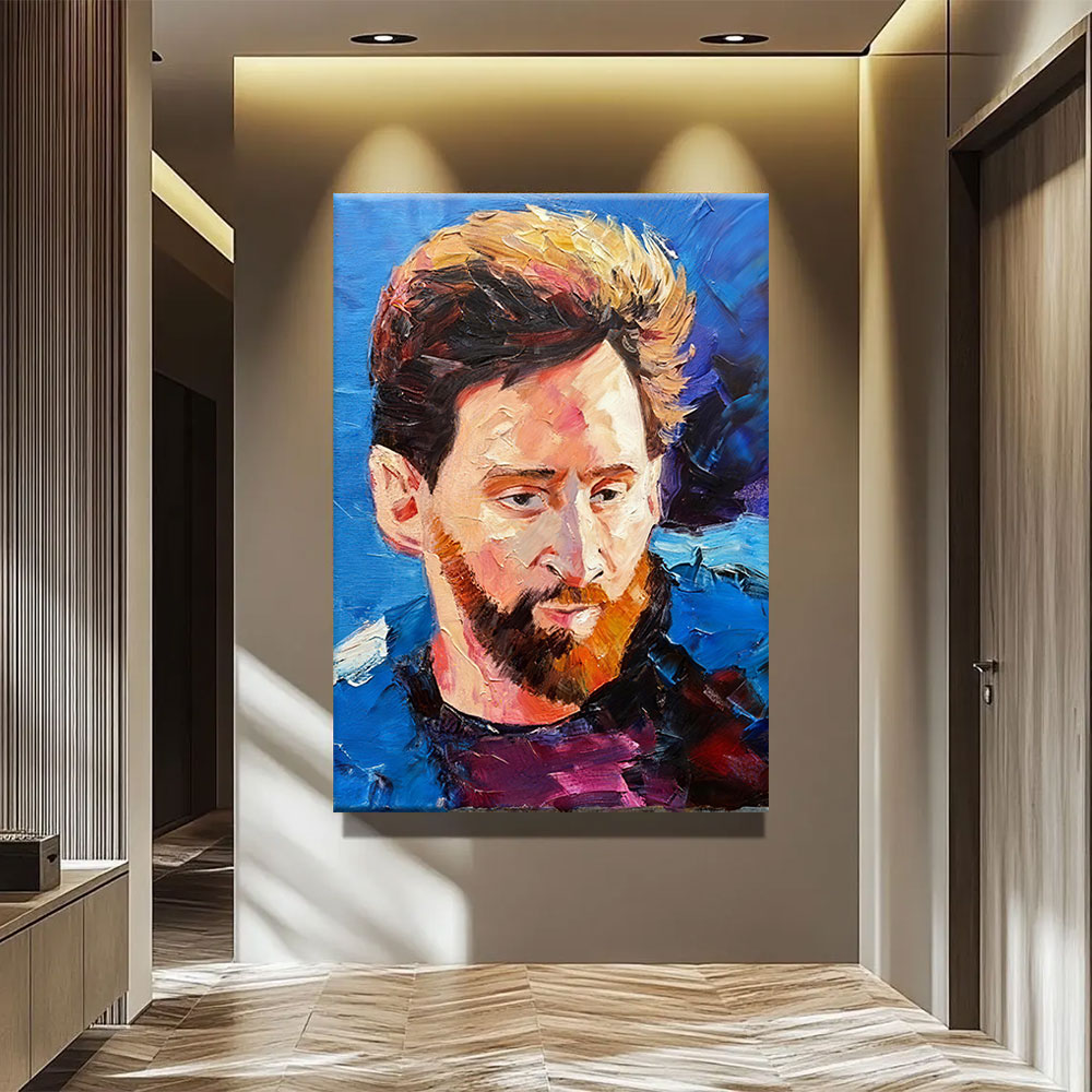 Expressive Portrait on Blue canvas wall art, styled room mockup 2.