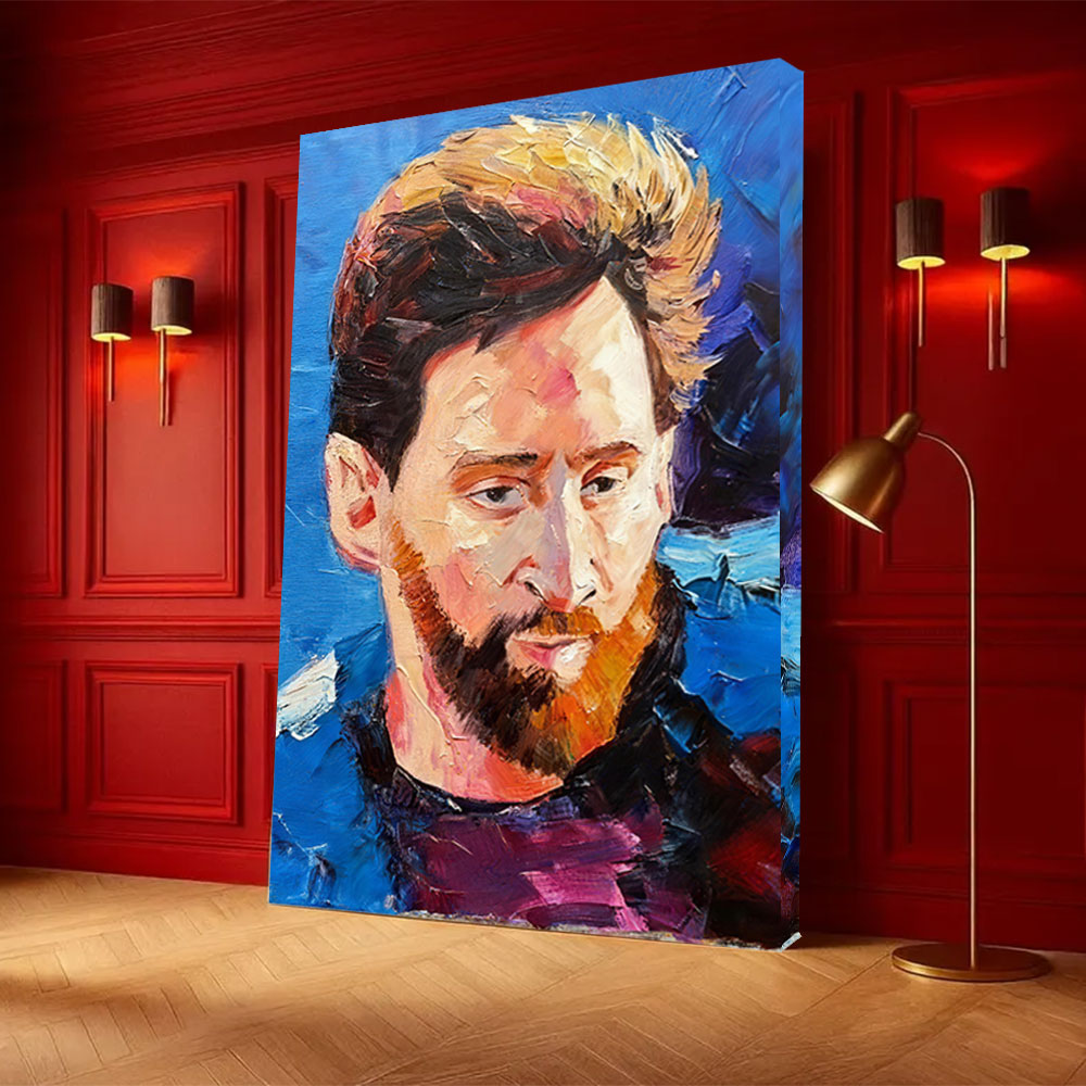 Expressive Portrait on Blue canvas wall art, styled room mockup 4.
