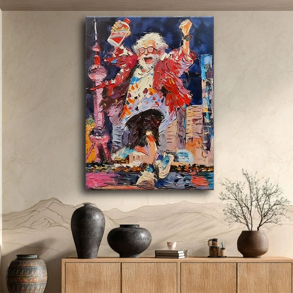City Character in a Red Jacket canvas wall art, styled room mockup 1.