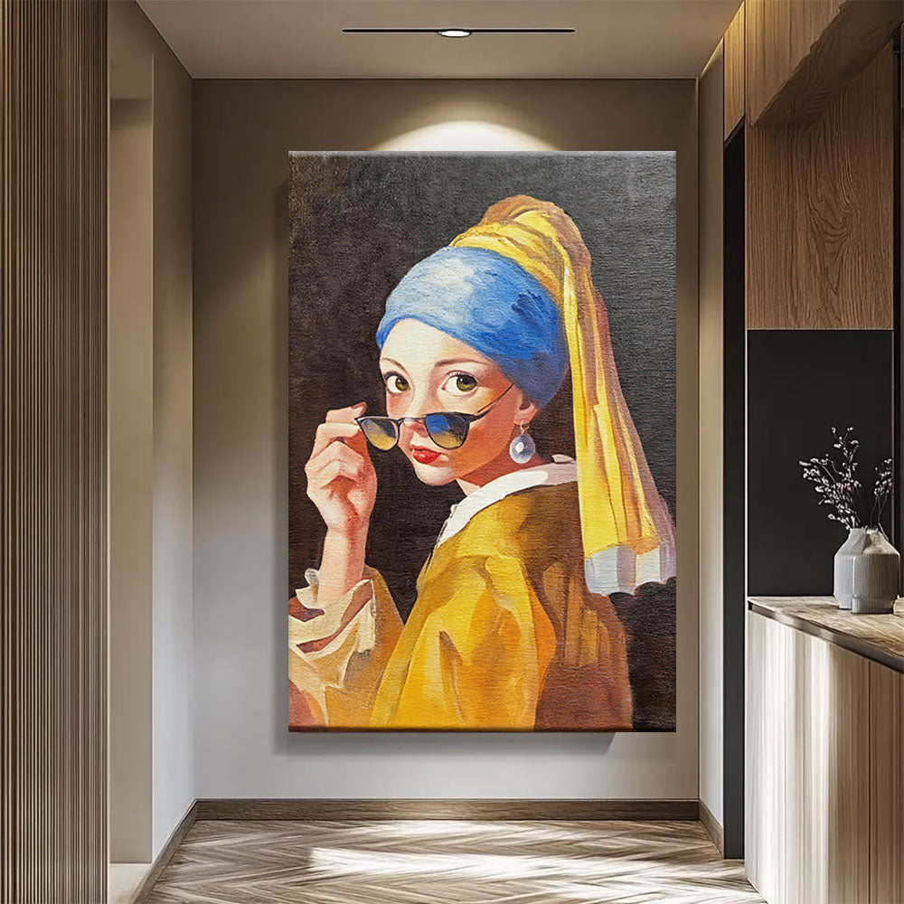 Pearl and Sunglasses Portrait canvas wall art, styled room mockup 3.