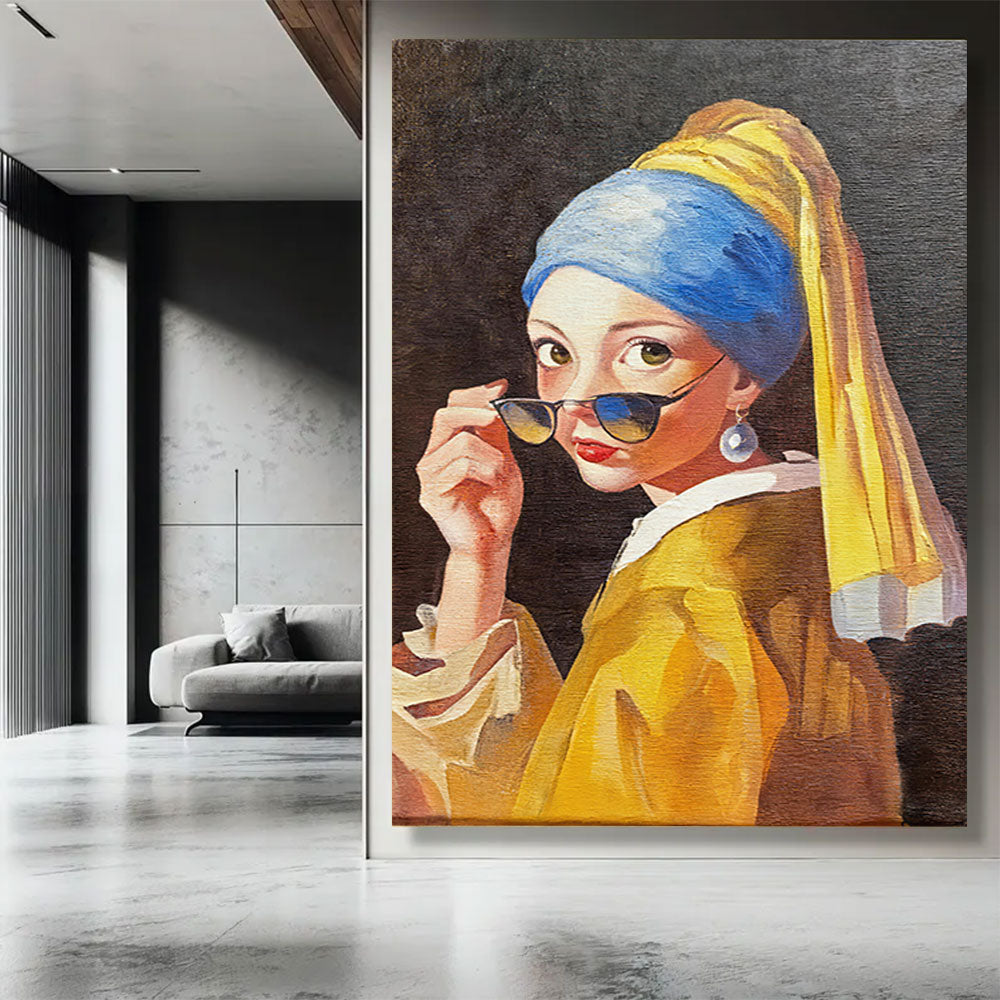 Pearl and Sunglasses Portrait canvas wall art, styled room mockup 4.