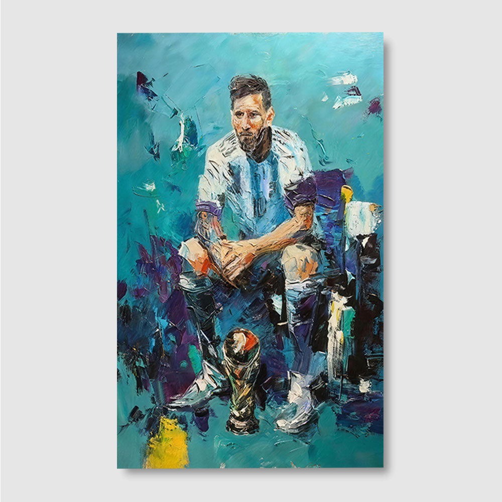 Seated Figure in Blue and White canvas wall art, front product mockup on a light background.