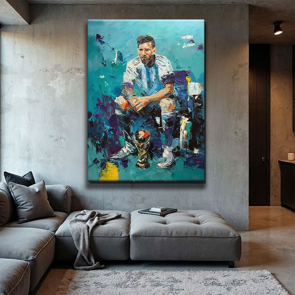 Seated Figure in Blue and White canvas wall art, styled room mockup 2.