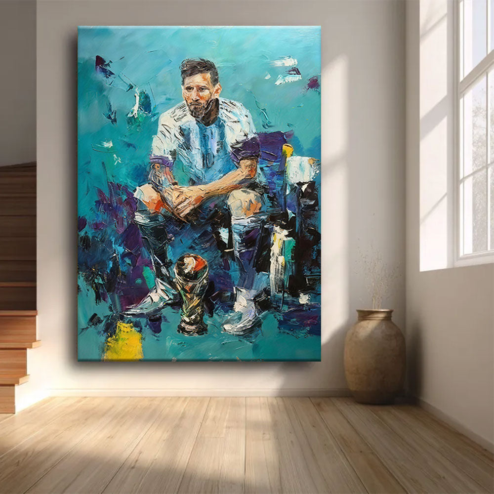 Seated Figure in Blue and White canvas wall art, styled room mockup 3.