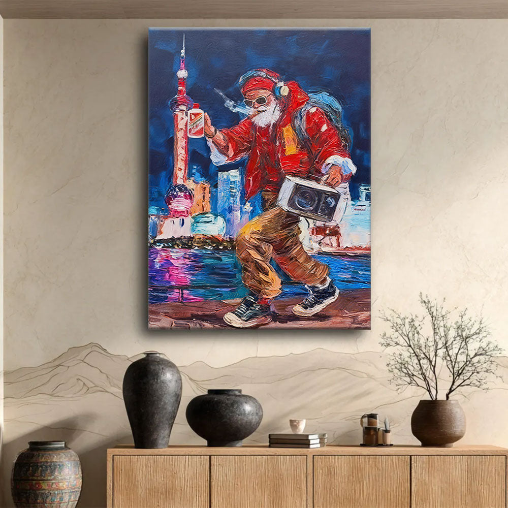 Red Jacket by the City Lights canvas wall art, styled room mockup 1.