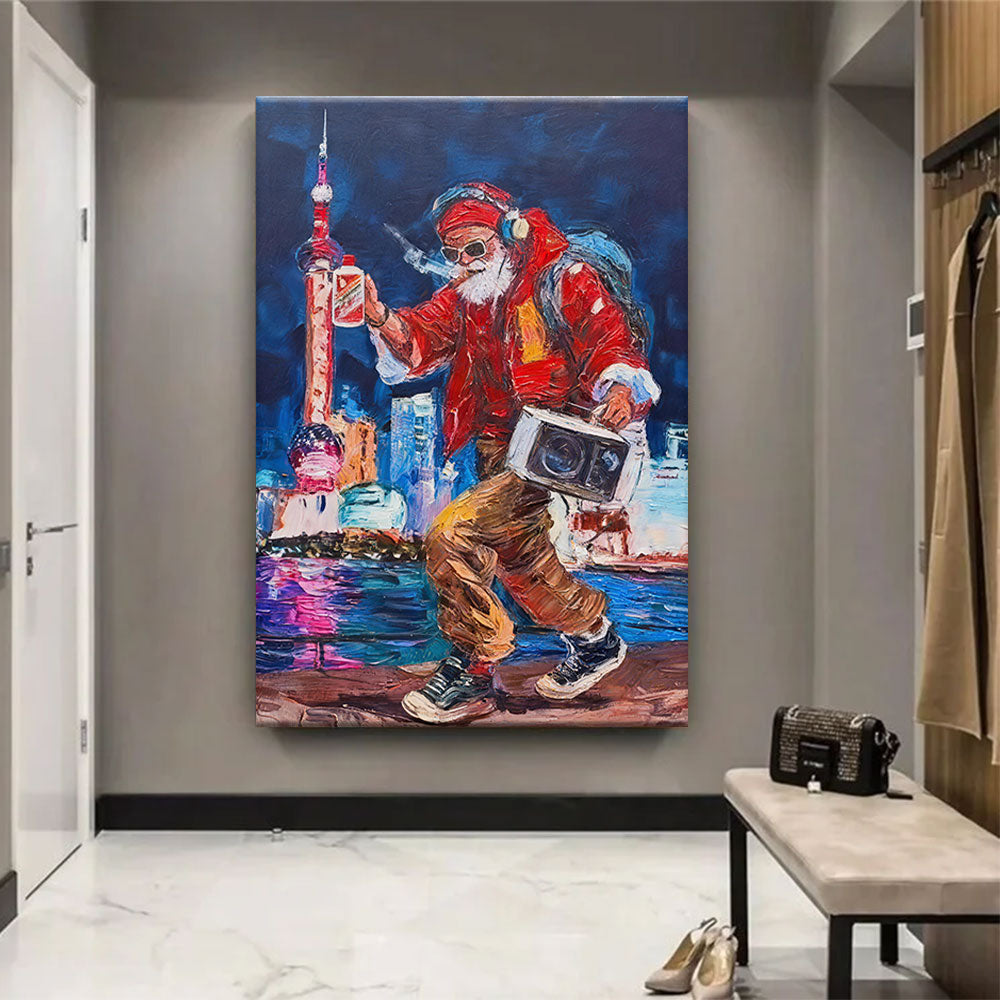 Red Jacket by the City Lights canvas wall art, styled room mockup 2.