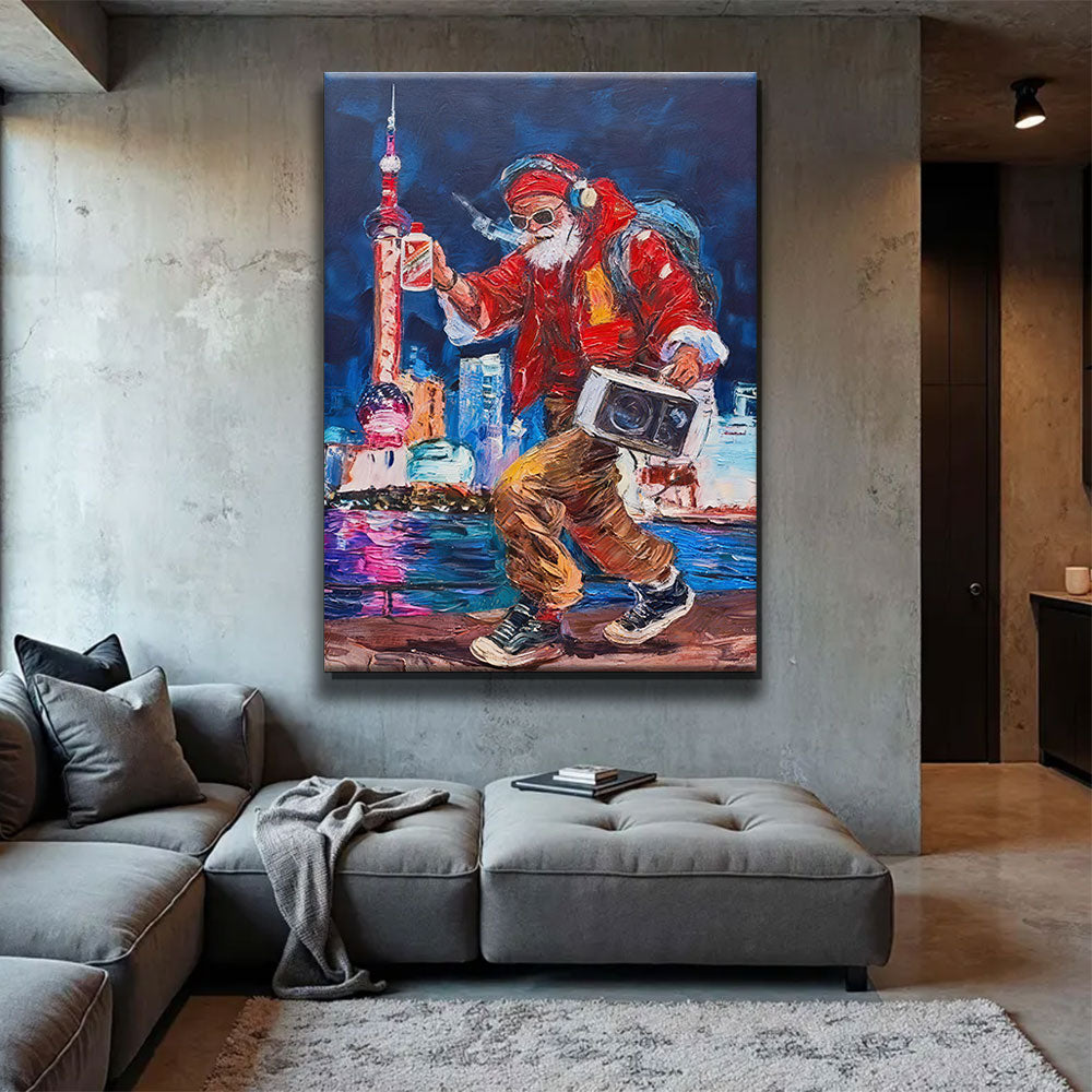 Red Jacket by the City Lights canvas wall art, styled room mockup 4.