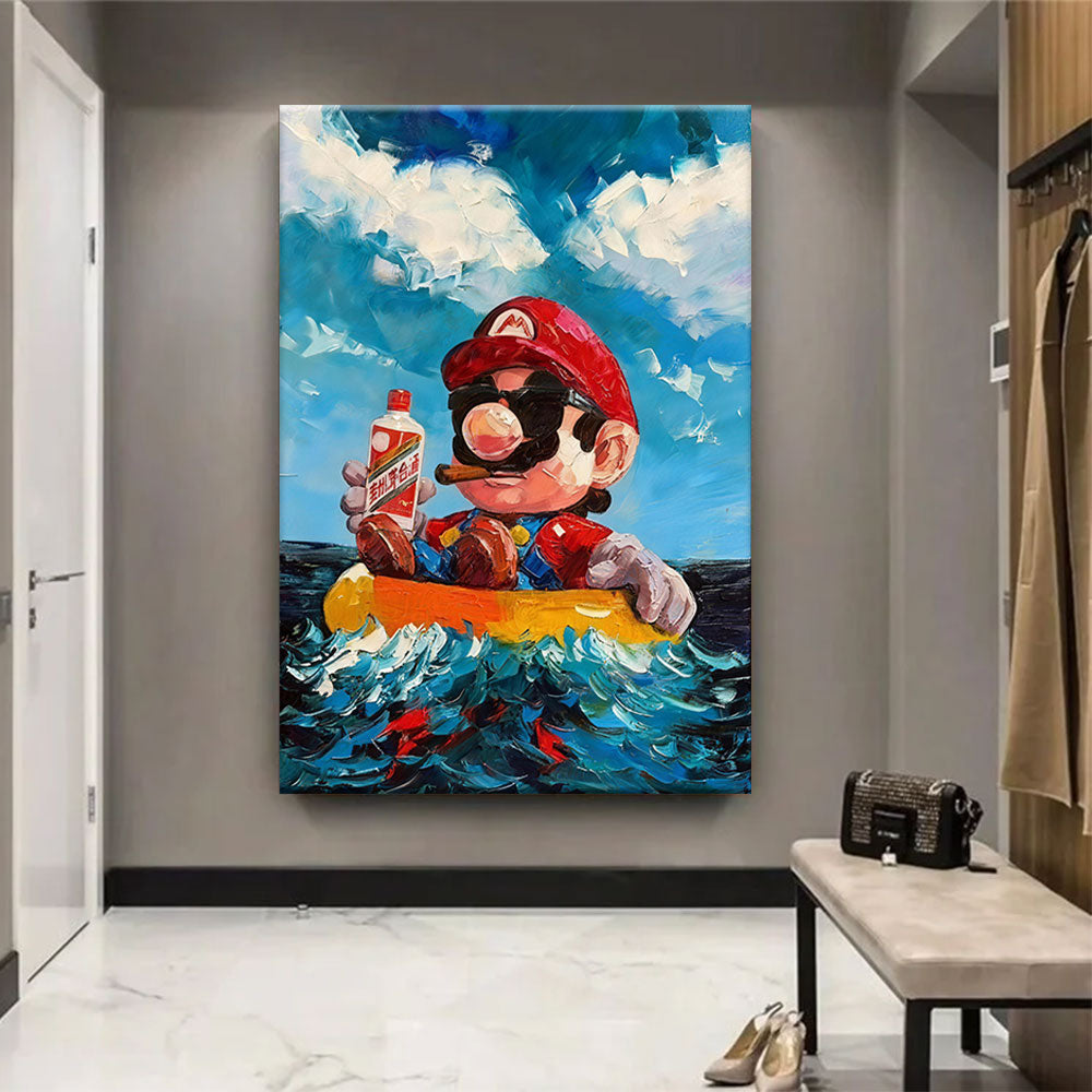 Red Capped Character at Sea canvas wall art, styled room mockup 1.