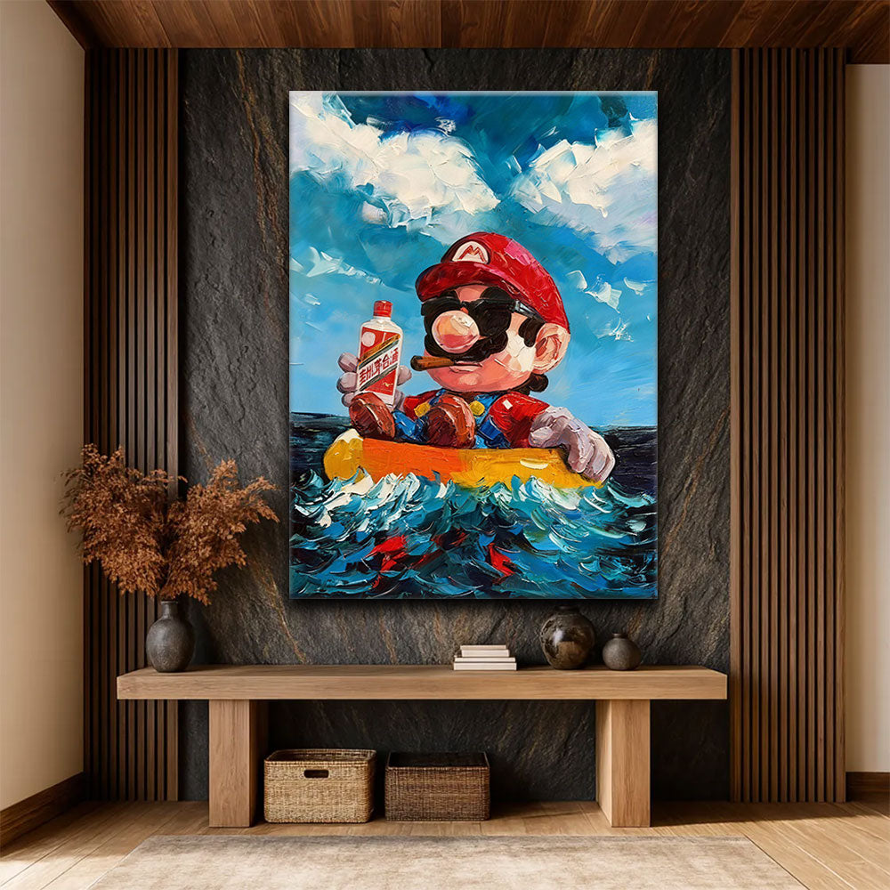 Red Capped Character at Sea canvas wall art, styled room mockup 3.
