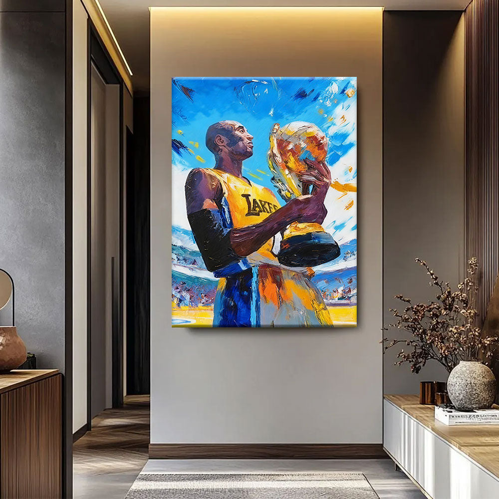 Basketball Trophy Celebration canvas wall art, styled room mockup 1.