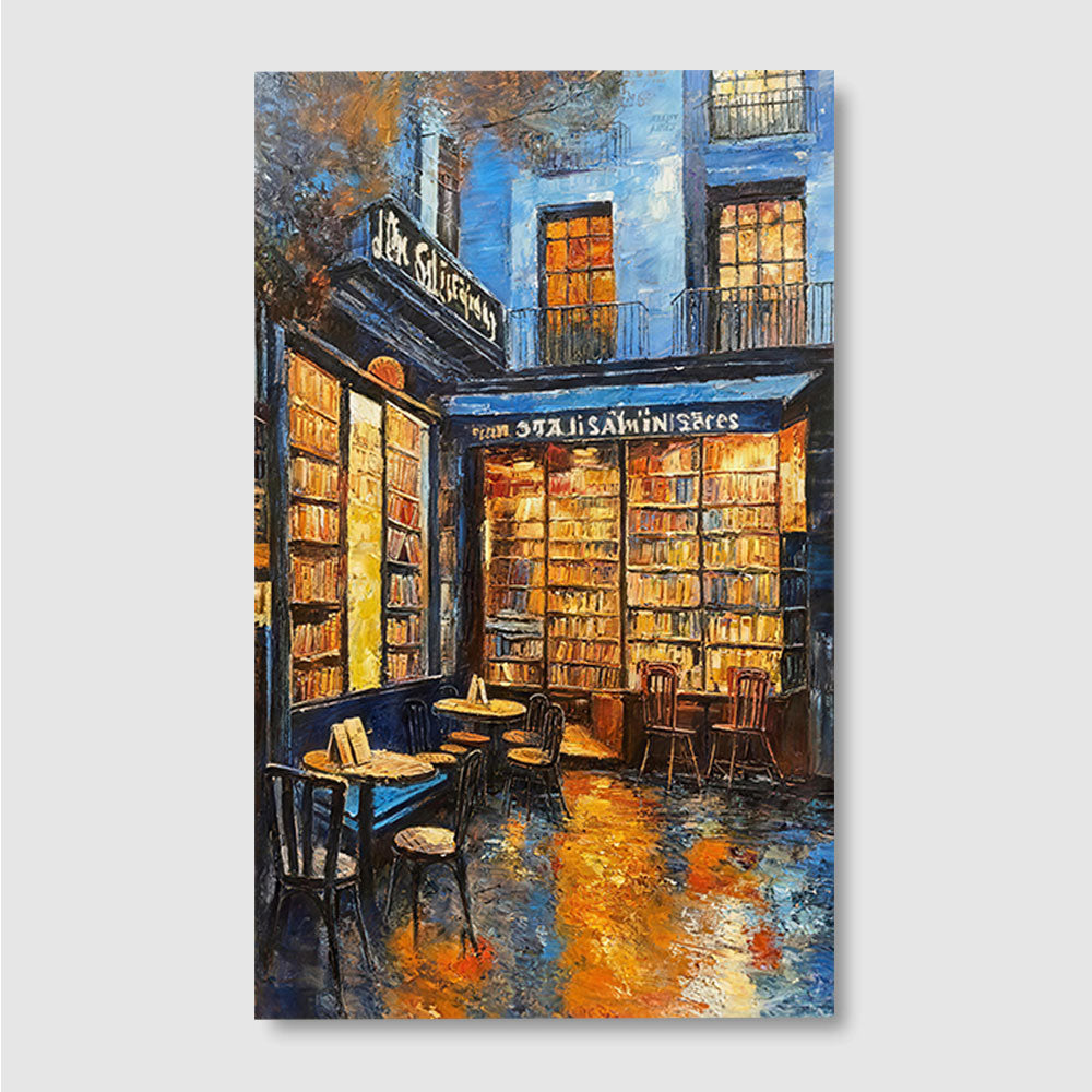 Warm Windows on a Rainy Street canvas wall art, front product mockup on a light background.