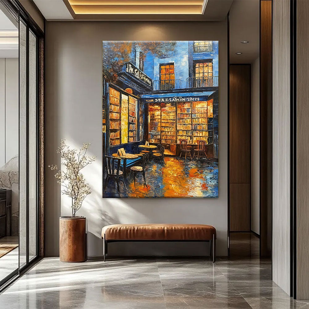 Warm Windows on a Rainy Street canvas wall art, styled room mockup 1.