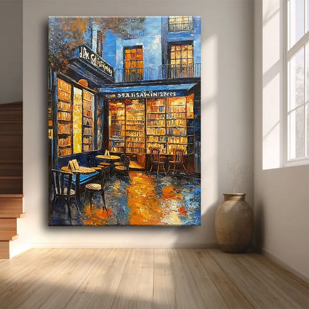 Warm Windows on a Rainy Street canvas wall art, styled room mockup 2.