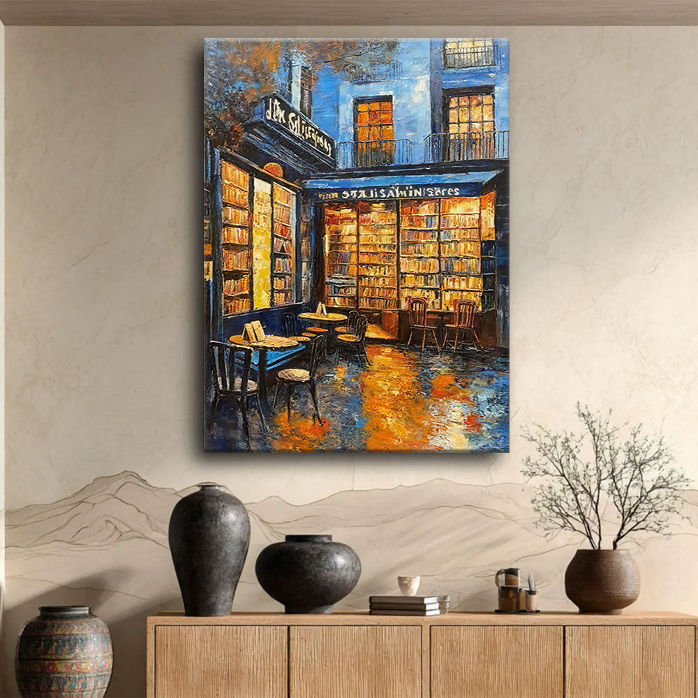 Warm Windows on a Rainy Street canvas wall art, styled room mockup 4.