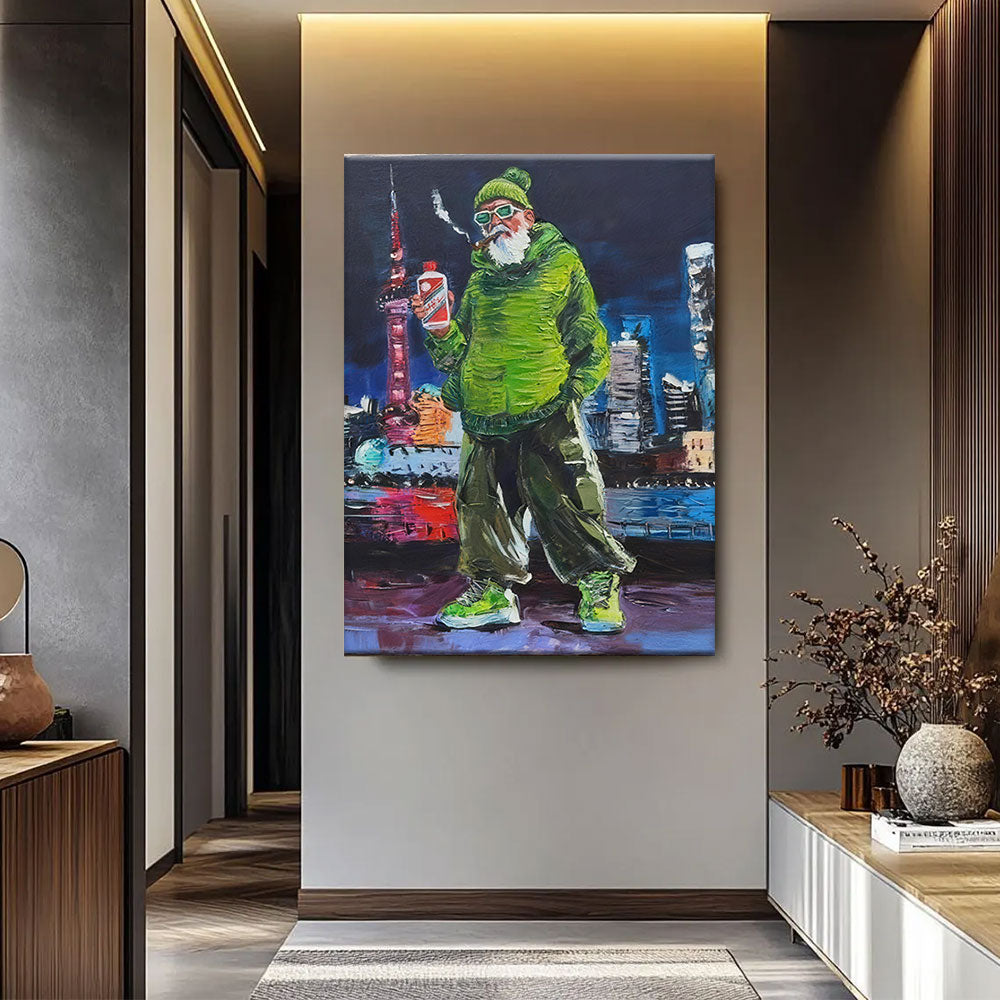 Green Jacket City Character canvas wall art, styled room mockup 1.