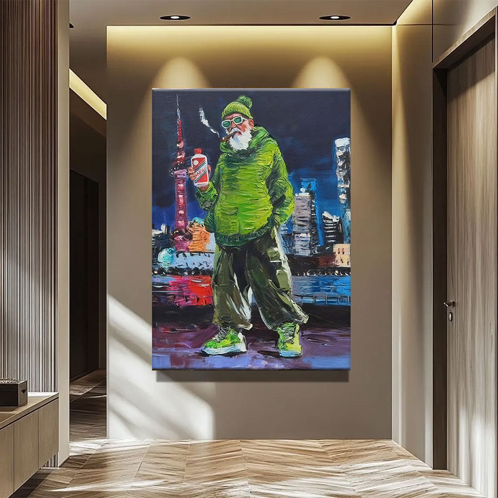 Green Jacket City Character canvas wall art, styled room mockup 3.