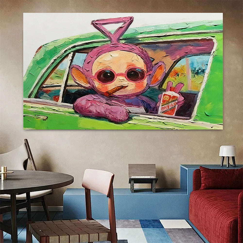 Purple Character in a Green Car canvas wall art, styled room mockup 1.