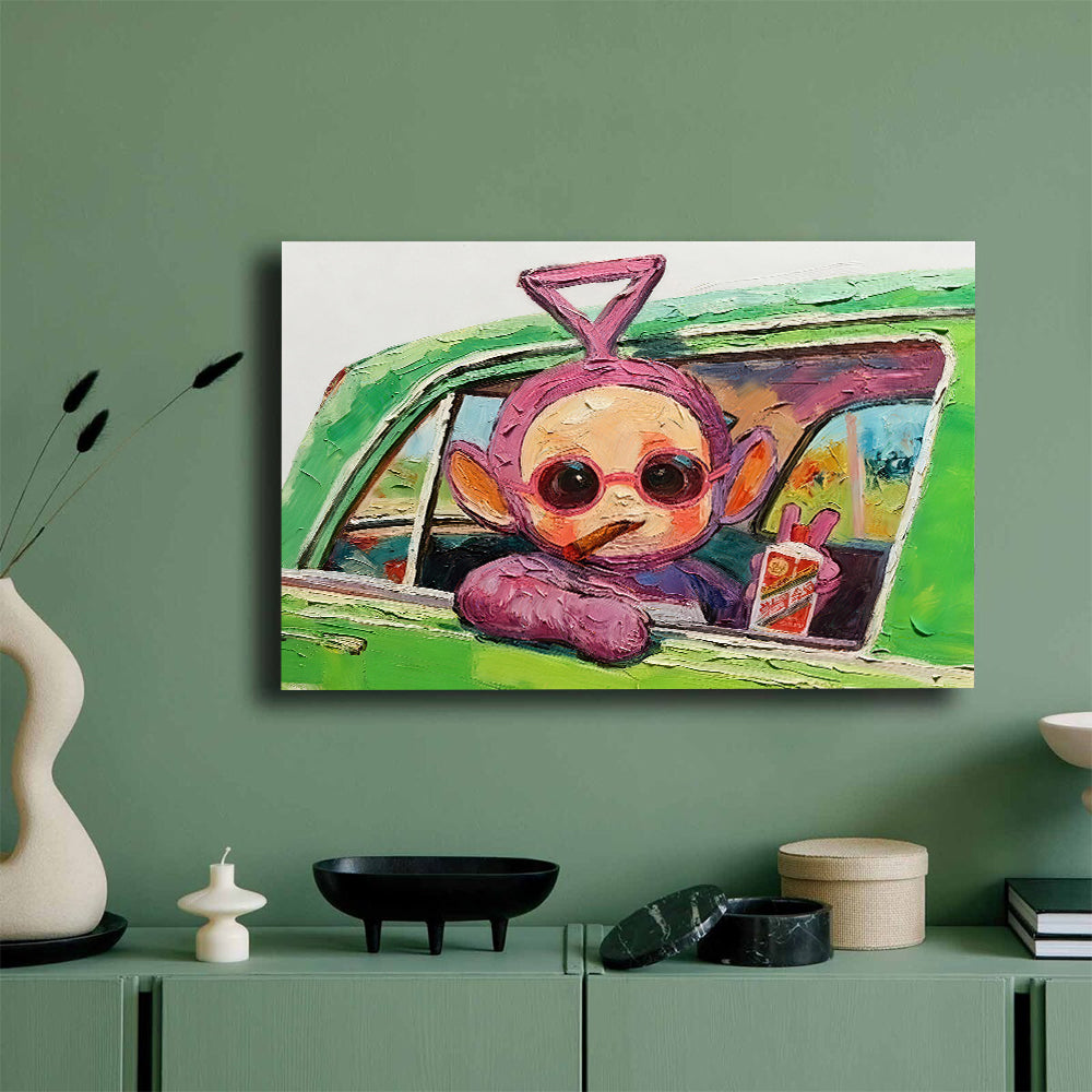 Purple Character in a Green Car canvas wall art, styled room mockup 2.