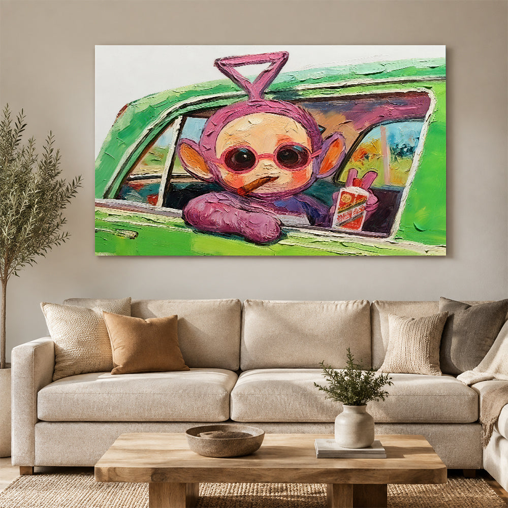 Purple Character in a Green Car canvas wall art, styled room mockup 3.