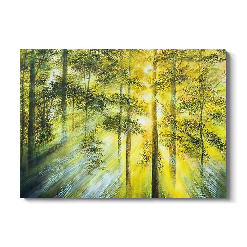 Golden Light in the Forest canvas wall art, front product mockup on a light background.