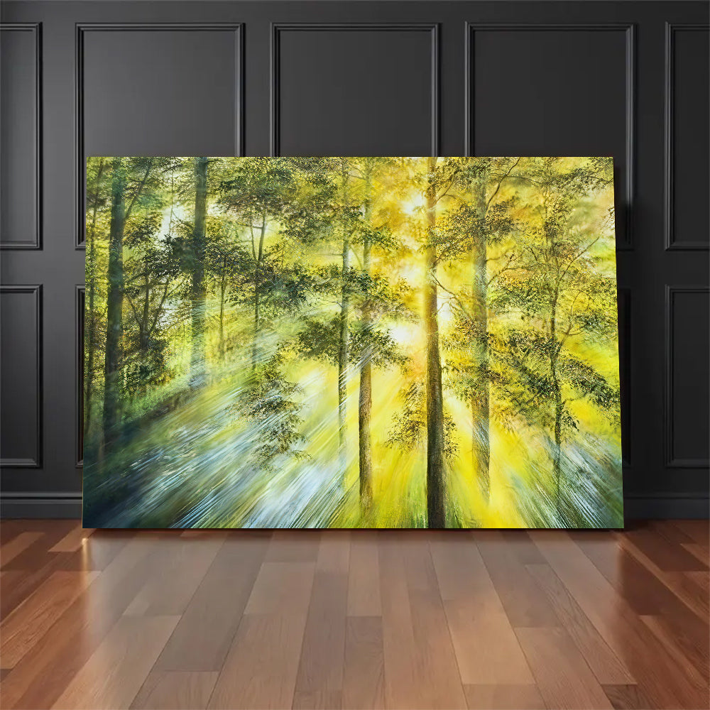 Golden Light in the Forest canvas wall art, styled room mockup 1.