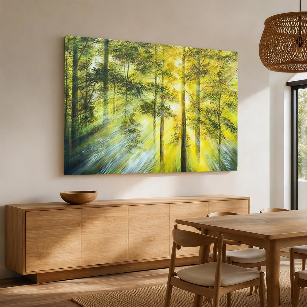 Golden Light in the Forest canvas wall art, styled room mockup 2.