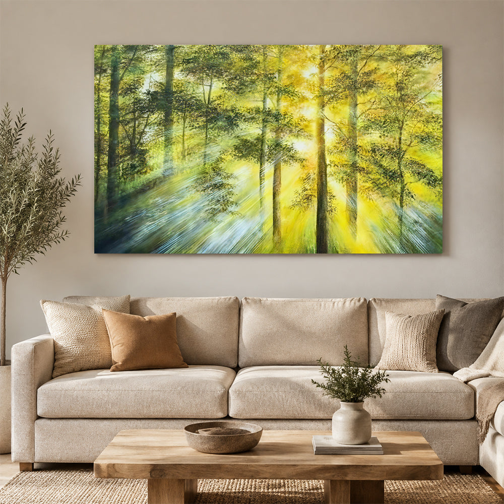 Golden Light in the Forest canvas wall art, styled room mockup 4.