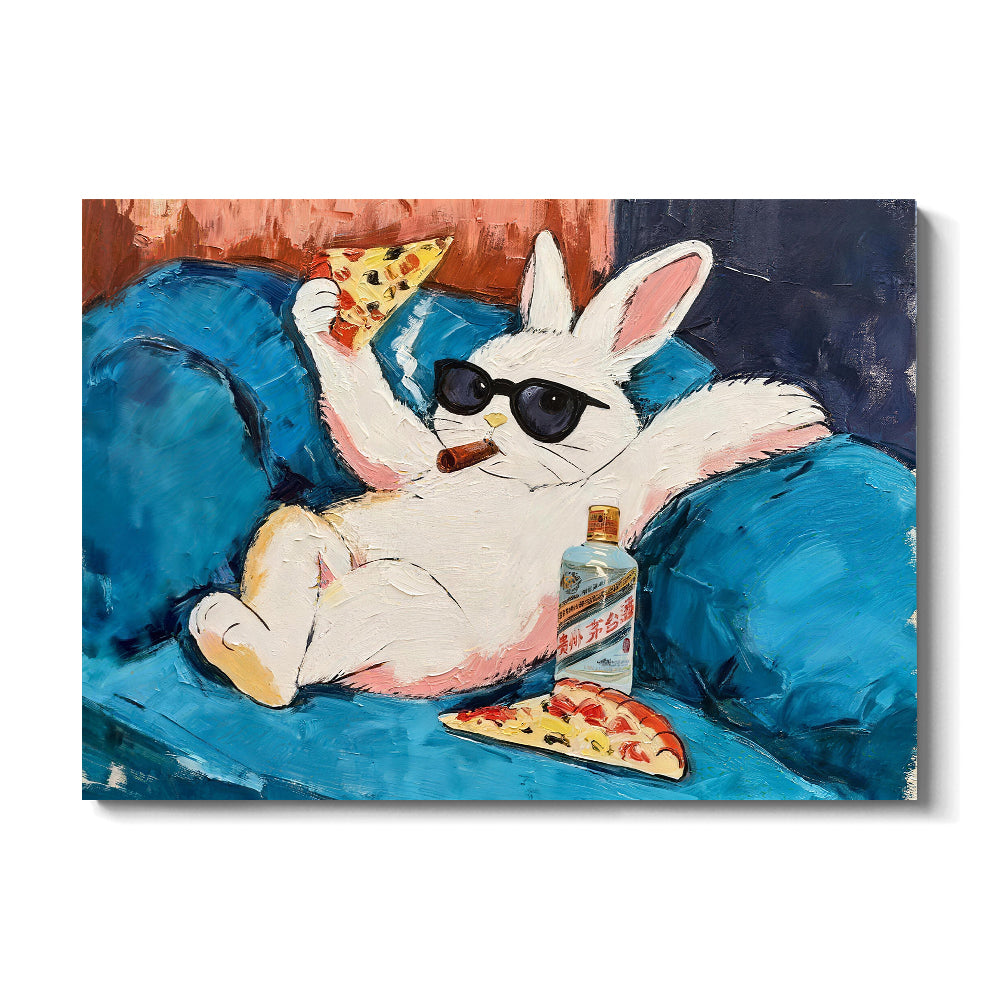 Rabbit Relaxing on a Blue Sofa canvas wall art, front product mockup on a light background.