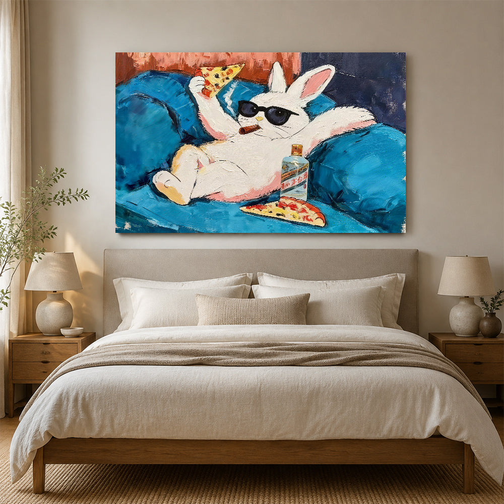 Rabbit Relaxing on a Blue Sofa canvas wall art, styled room mockup 2.