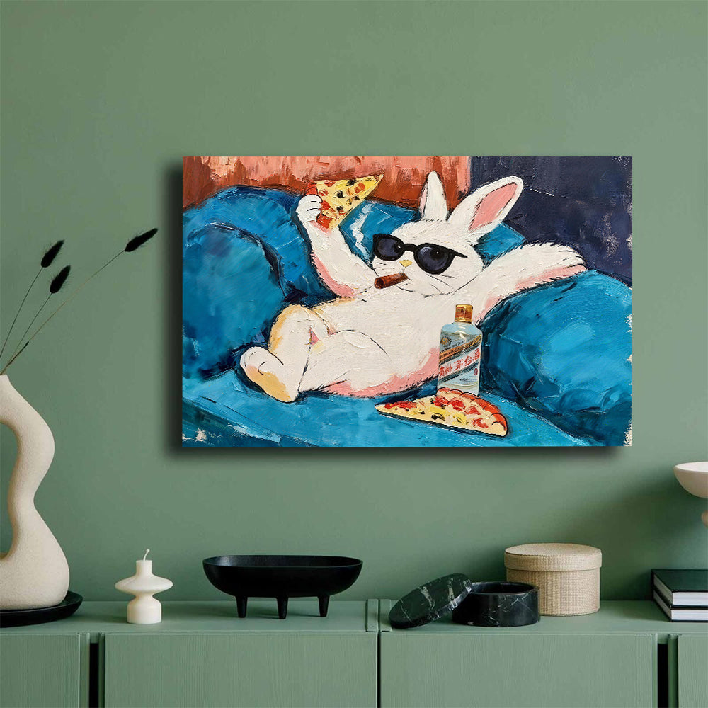 Rabbit Relaxing on a Blue Sofa canvas wall art, styled room mockup 4.