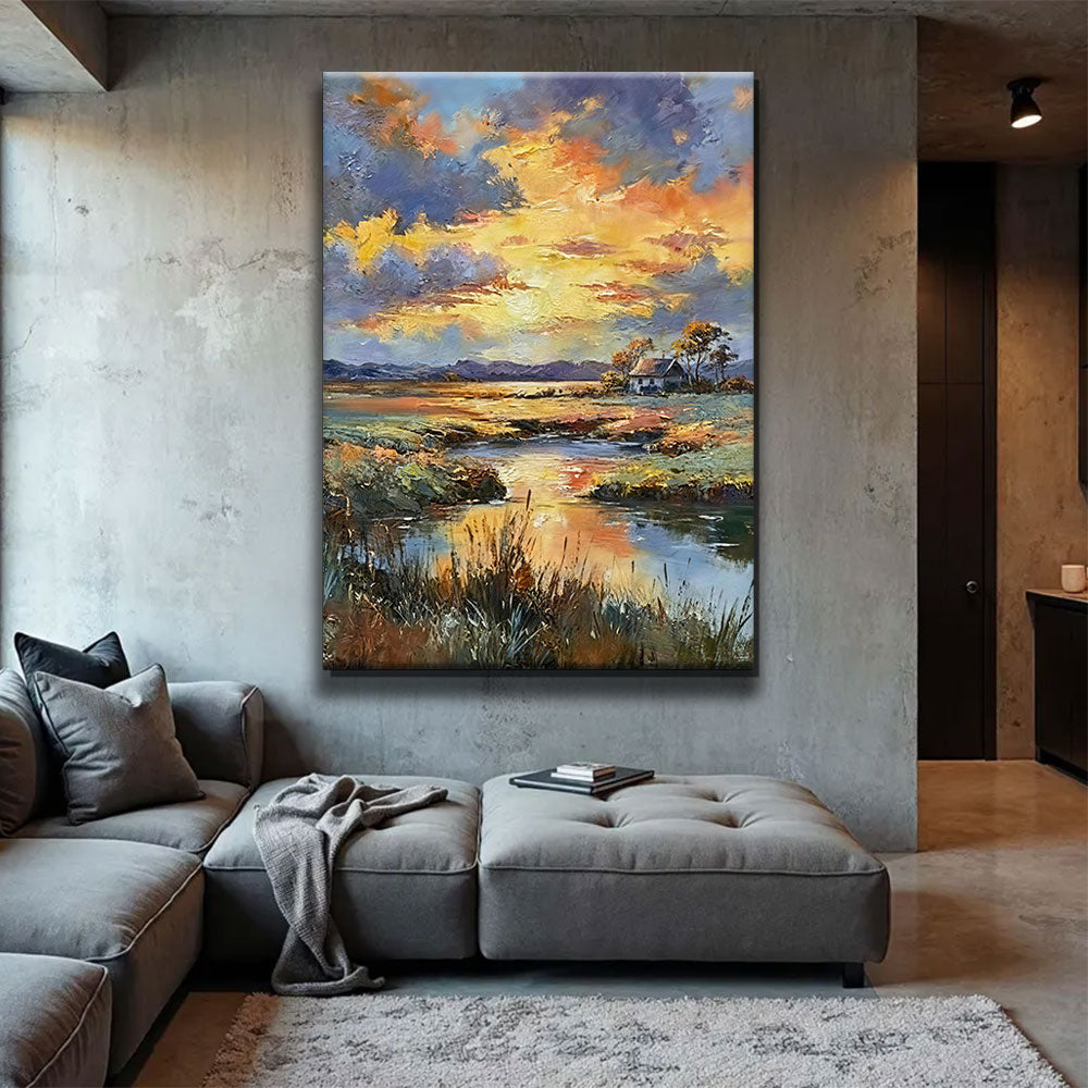 Golden Clouds Over the Marsh canvas wall art, styled room mockup 1.