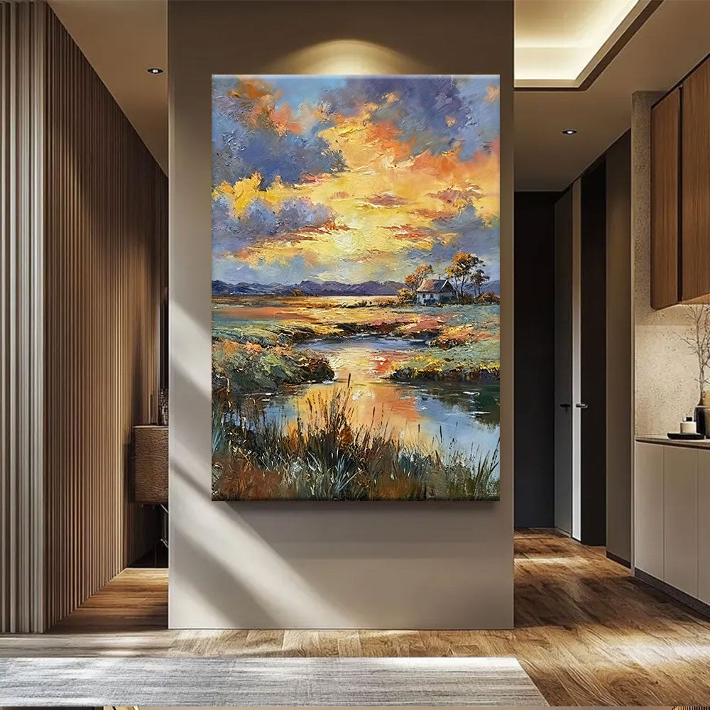 Golden Clouds Over the Marsh canvas wall art, styled room mockup 3.