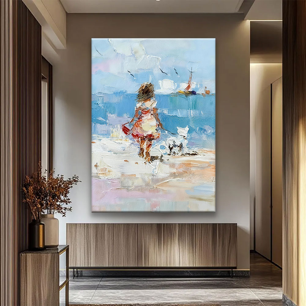 Shoreline Stroll in Summer Color canvas wall art, styled room mockup 1.