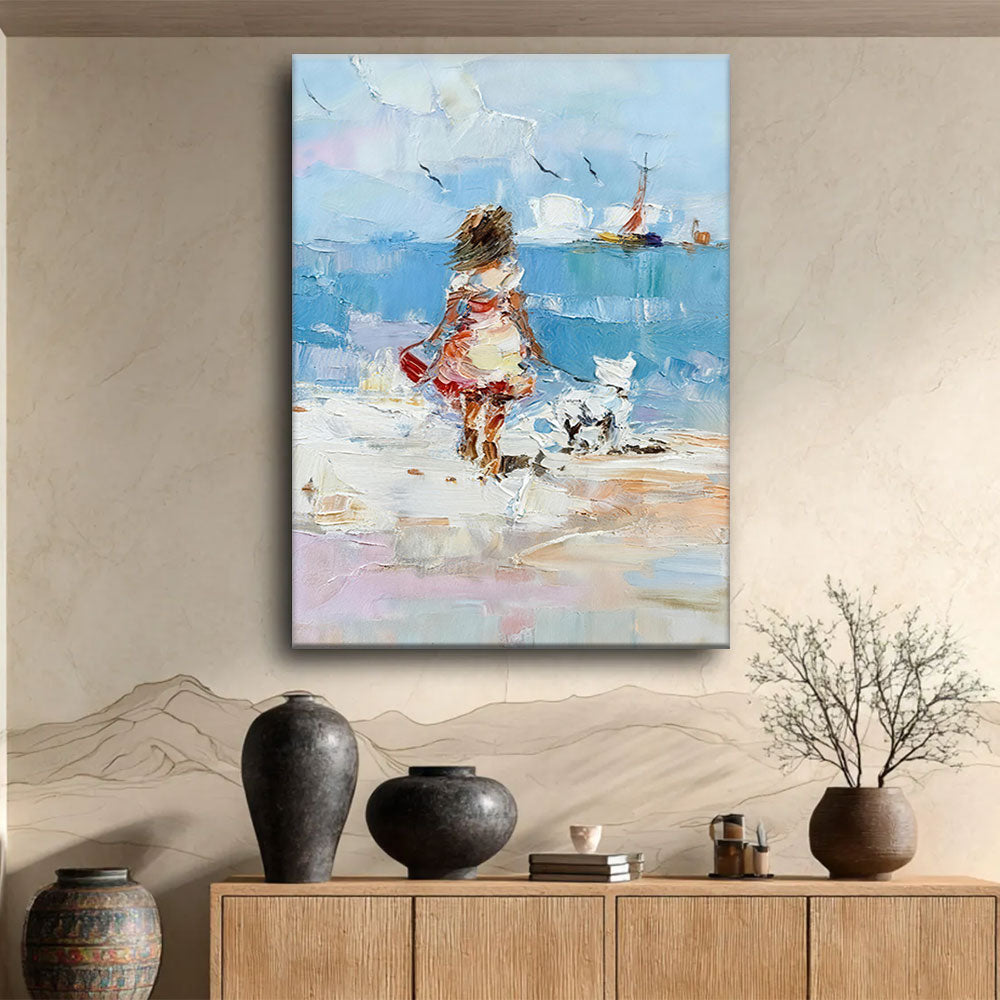 Shoreline Stroll in Summer Color canvas wall art, styled room mockup 2.