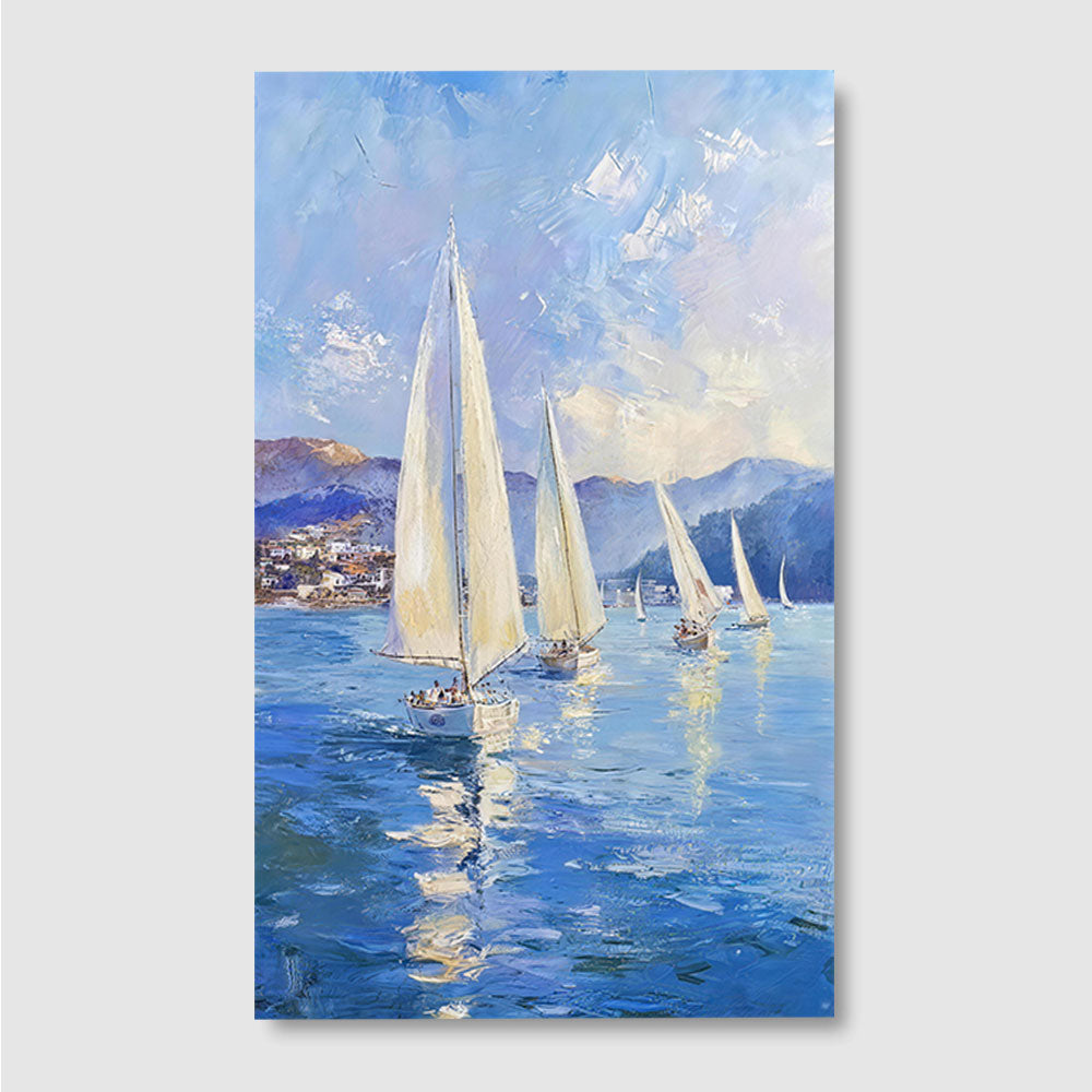 White Sails on Blue Water canvas wall art, front product mockup on a light background.