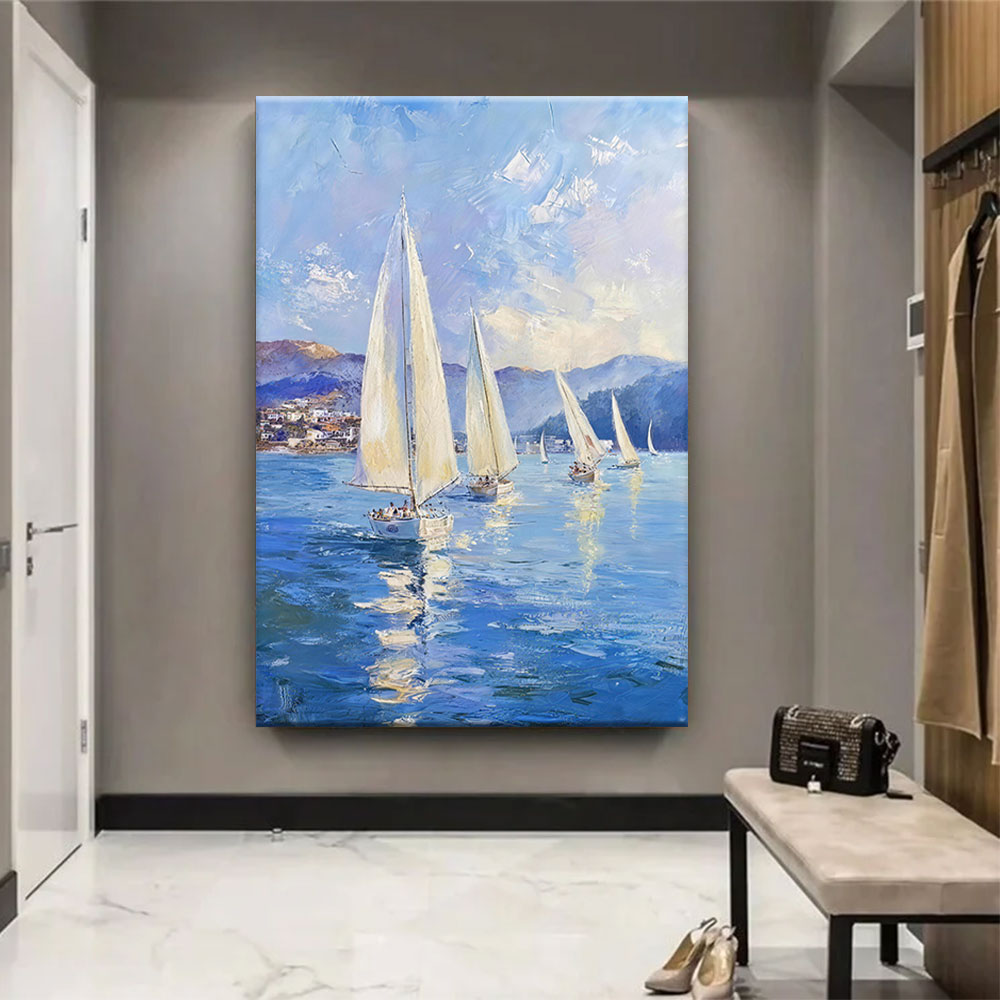 White Sails on Blue Water canvas wall art, styled room mockup 1.