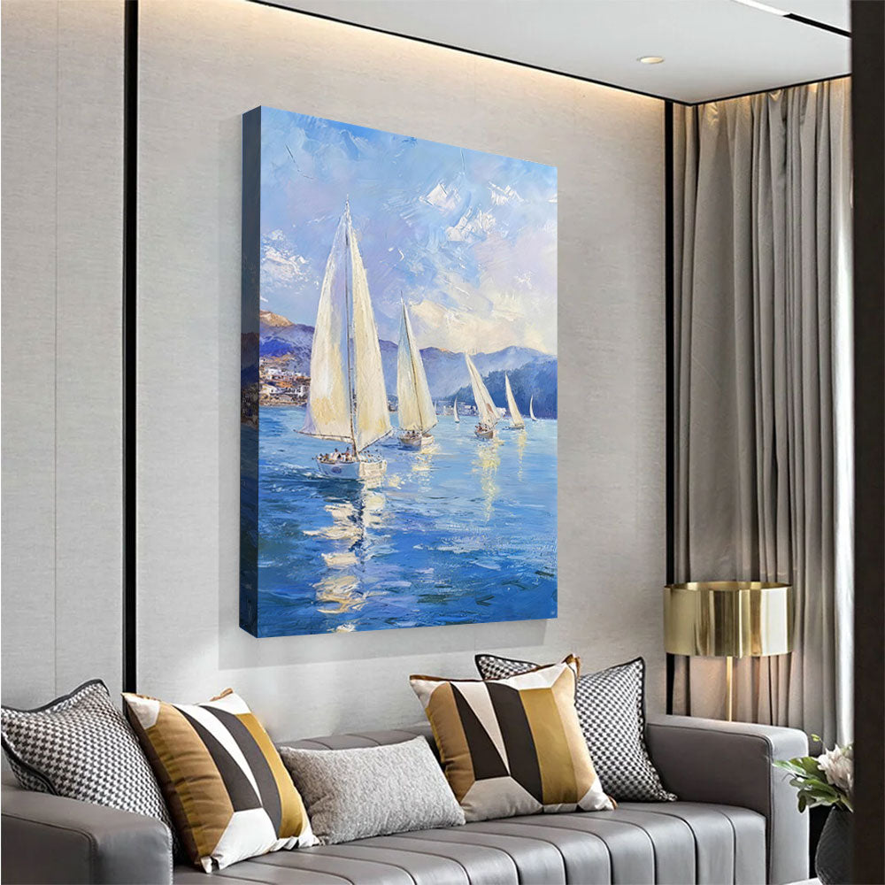 White Sails on Blue Water canvas wall art, styled room mockup 2.