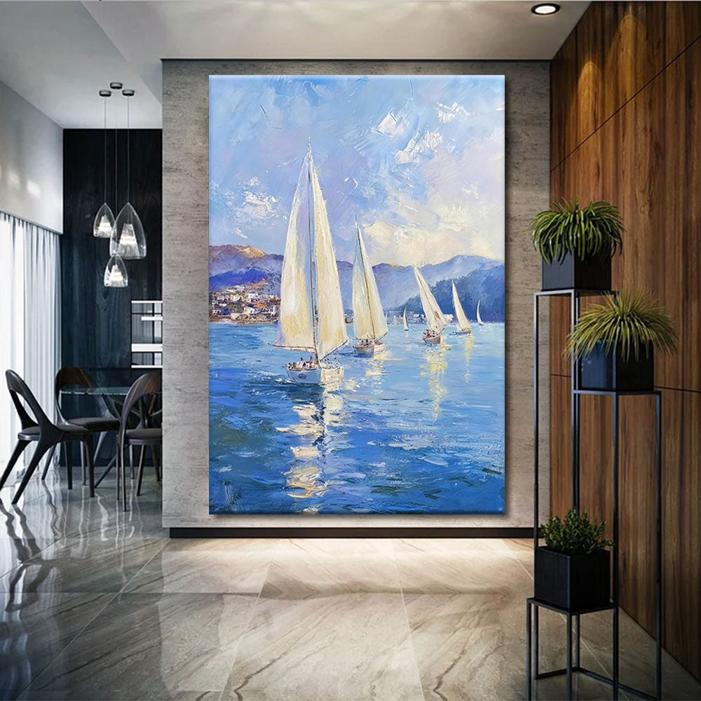 White Sails on Blue Water canvas wall art, styled room mockup 3.