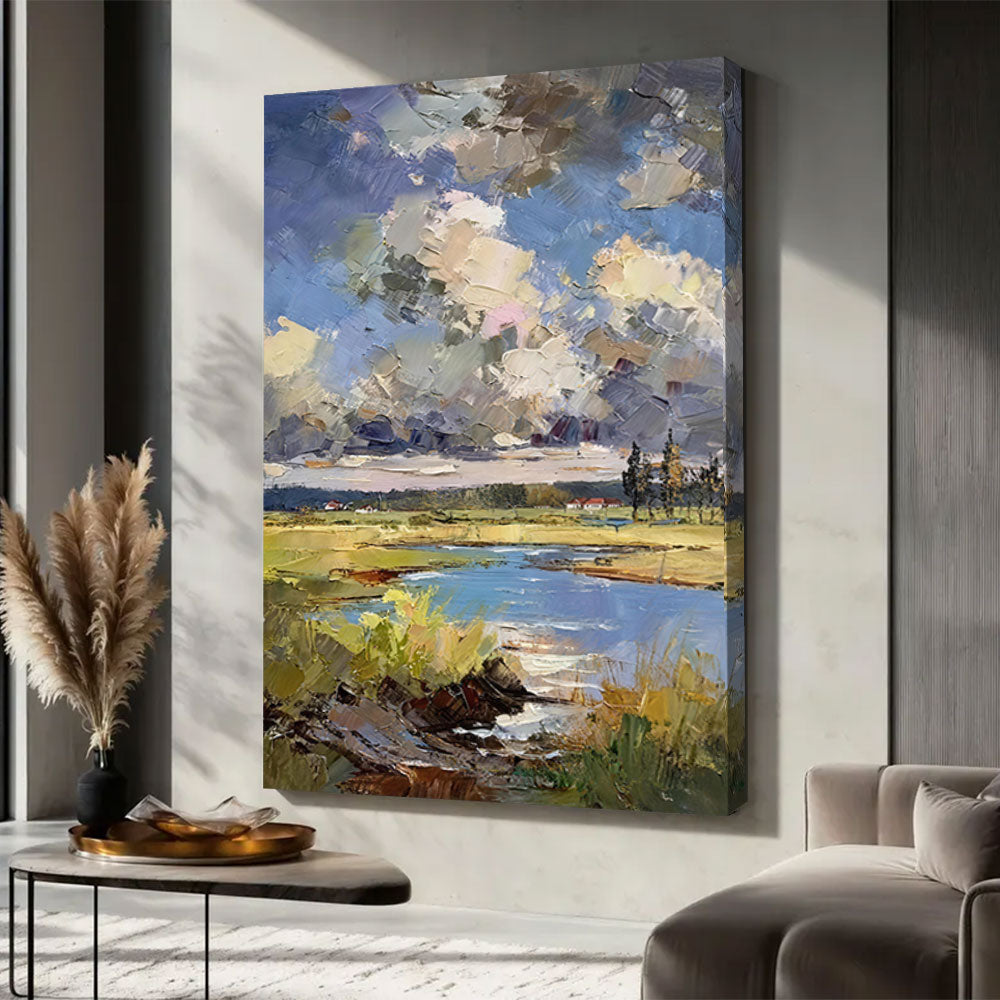 Marsh Reflections Under Clouds canvas wall art, styled room mockup 1.