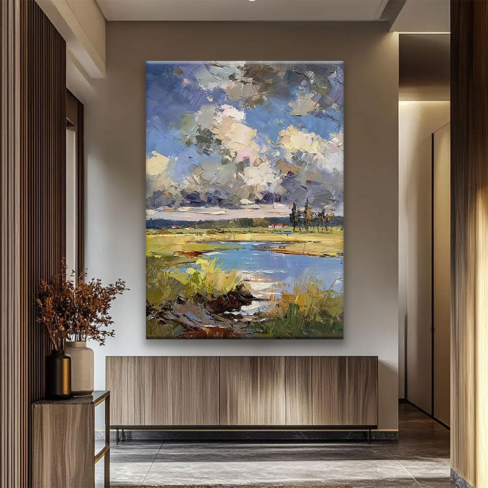 Marsh Reflections Under Clouds canvas wall art, styled room mockup 2.