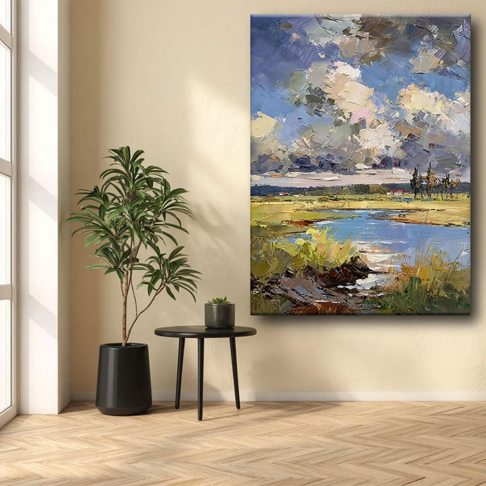 Marsh Reflections Under Clouds canvas wall art, styled room mockup 4.
