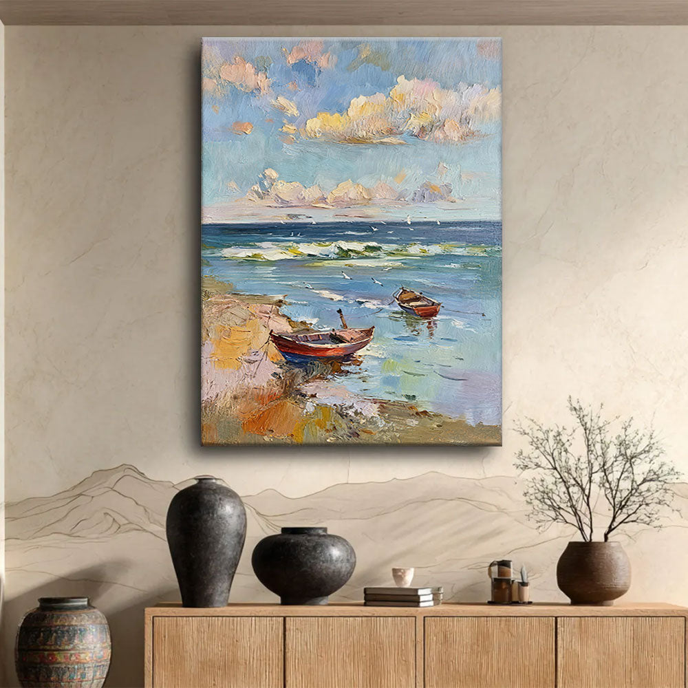 Small Boats on a Quiet Shore canvas wall art, styled room mockup 1.