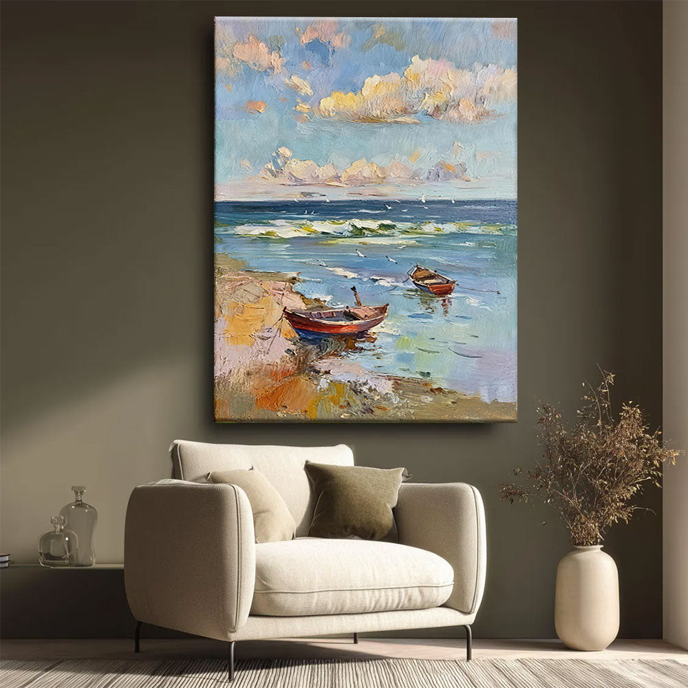 Small Boats on a Quiet Shore canvas wall art, styled room mockup 3.