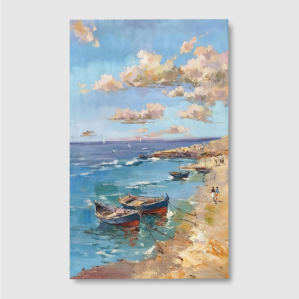 Blue Cove and Resting Boats canvas wall art, front product mockup on a light background.